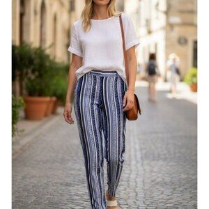 Blue & White Striped Pattern High-Waisted Lightweight Pants Womens Size M